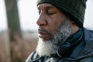 Man of African descent breathing mindfully